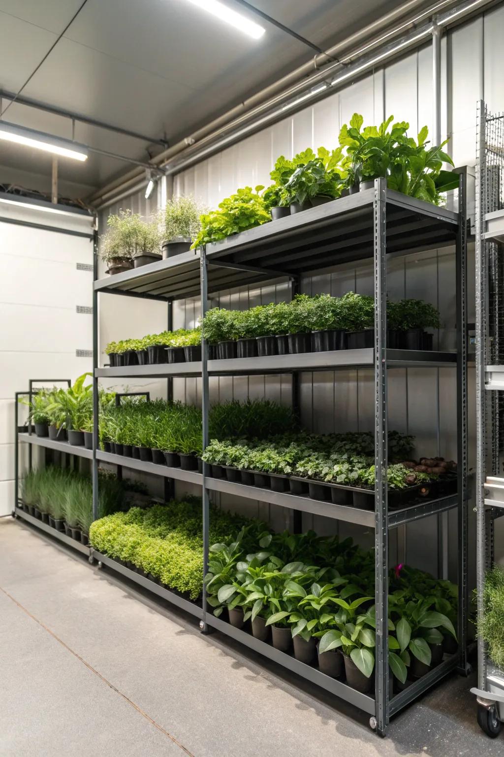 Transform your garage into a green oasis with smart shelving solutions. 🌿 #GarageGreenhouse #UrbanJungle