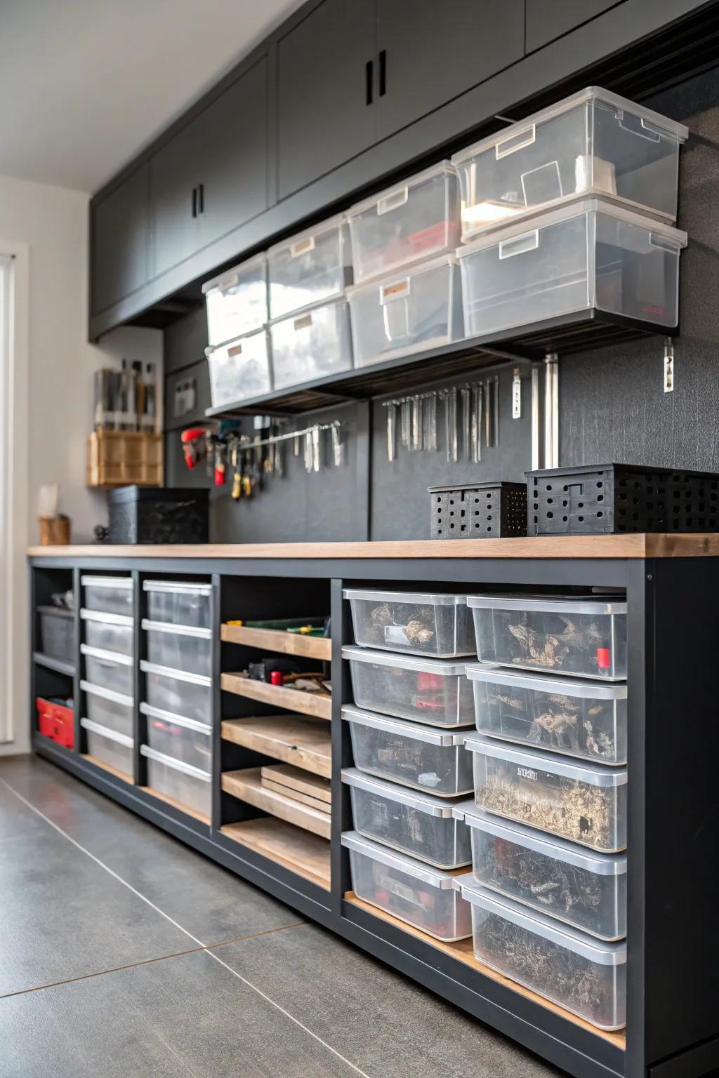 Elevate your garage organization with clear container heaven – where style meets functionality.
