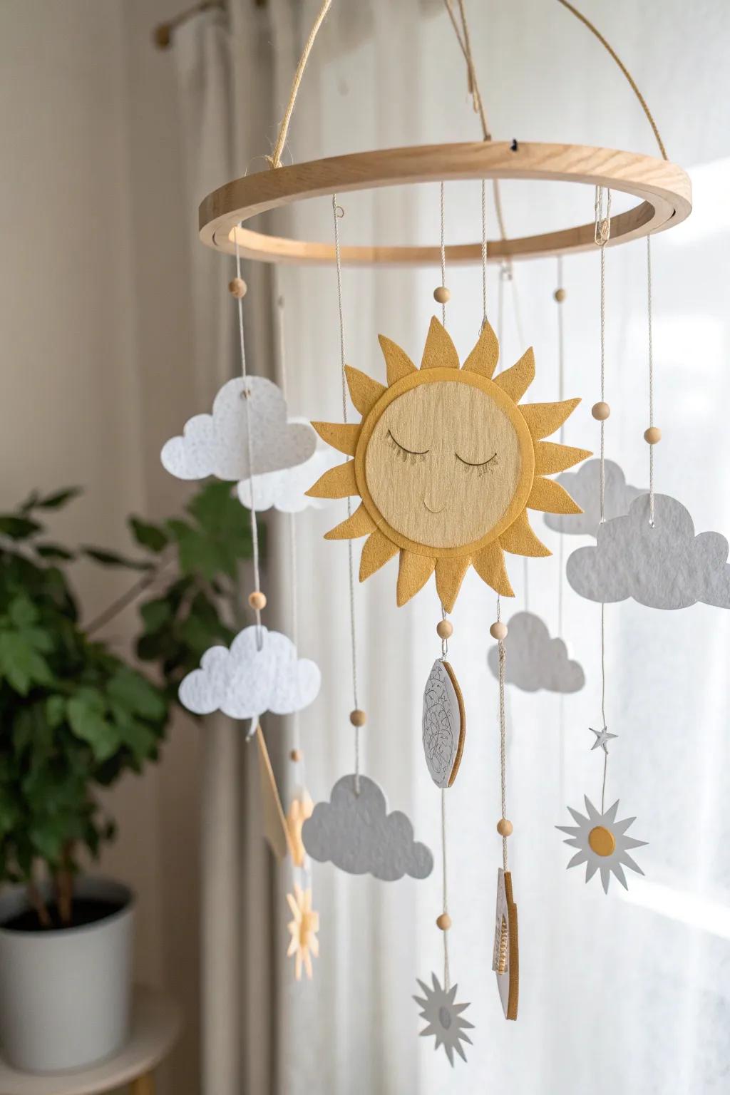 Bring a touch of whimsy and hope to your space with this charming cloud and sun mobile.
