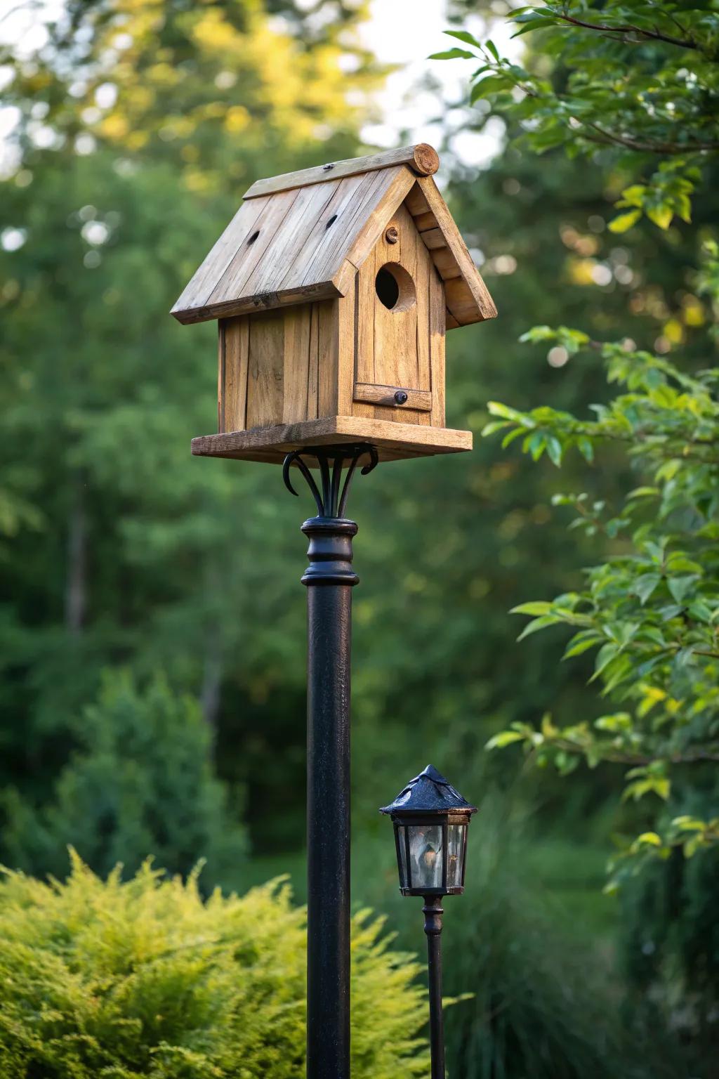 Elevate your backyard style with a classic birdhouse on a sleek post – where elegance meets function.