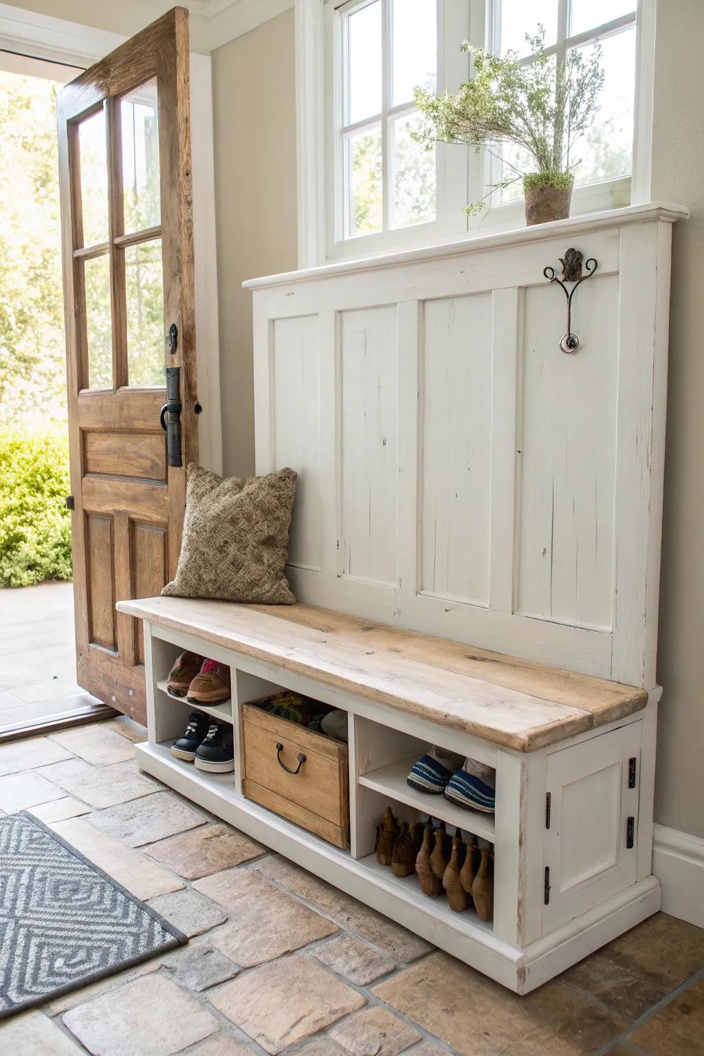 Transform your old door into a stunning entryway bench—where simplicity meets elegance.