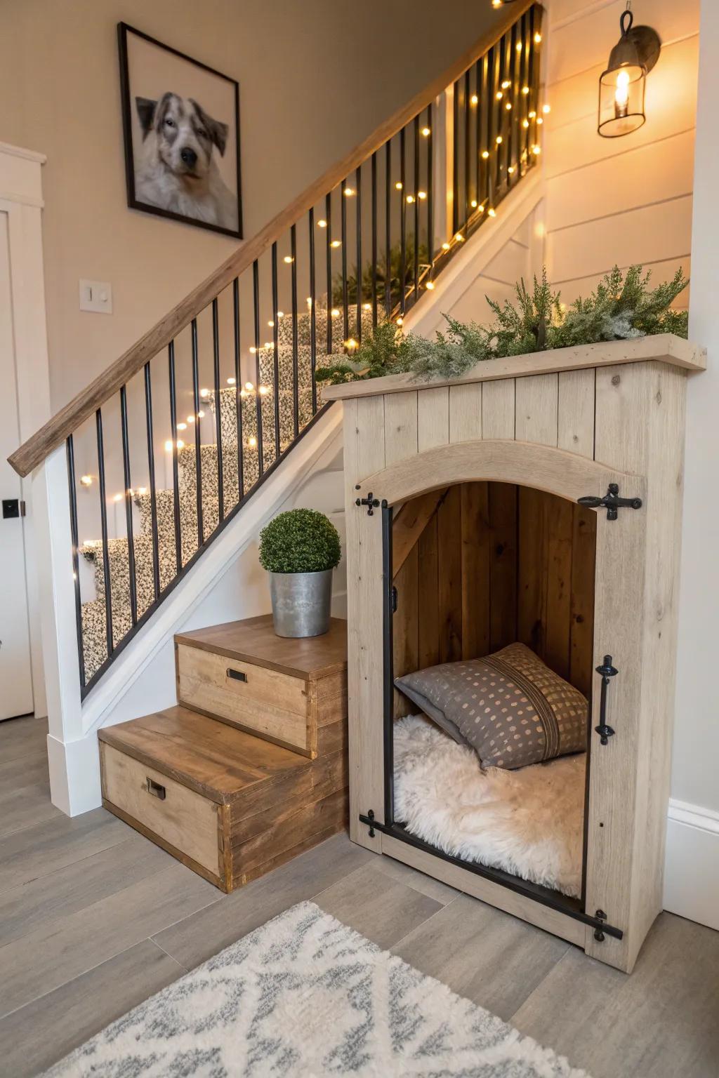 Transform under-the-stairs space into a stylish retreat for your furry friend!