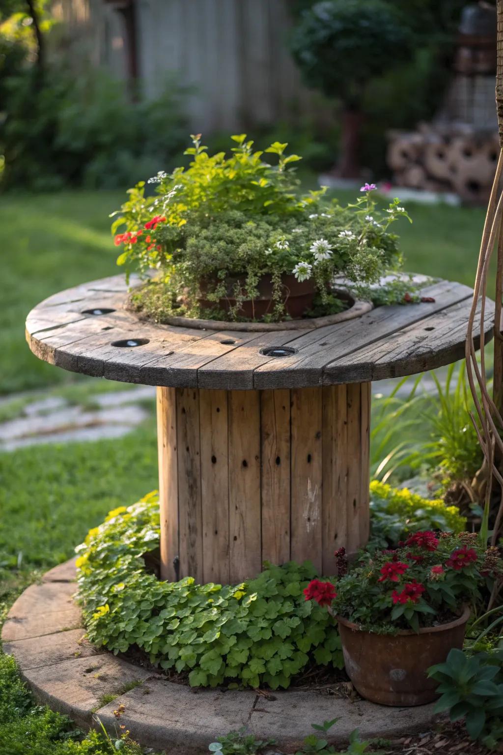 Transform a wooden spool into a stunning garden centerpiece.