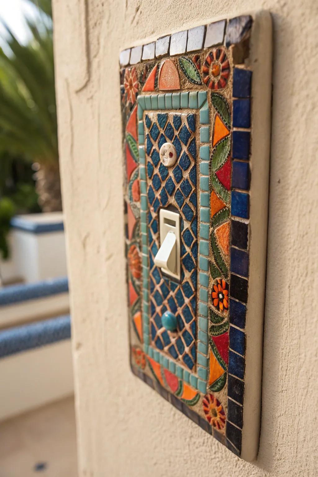 Transform your space with a burst of color: Mosaic tile switch covers for a touch of Mediterranean charm.