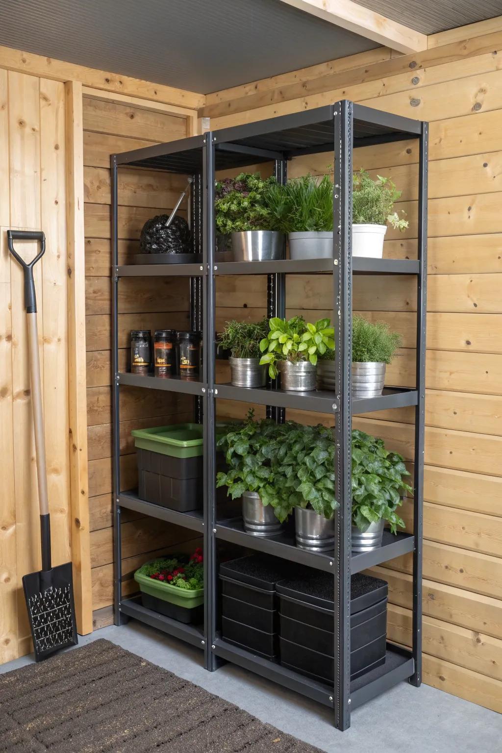 Maximize your shed space with stylish corner shelving—perfect for plants and tools alike!