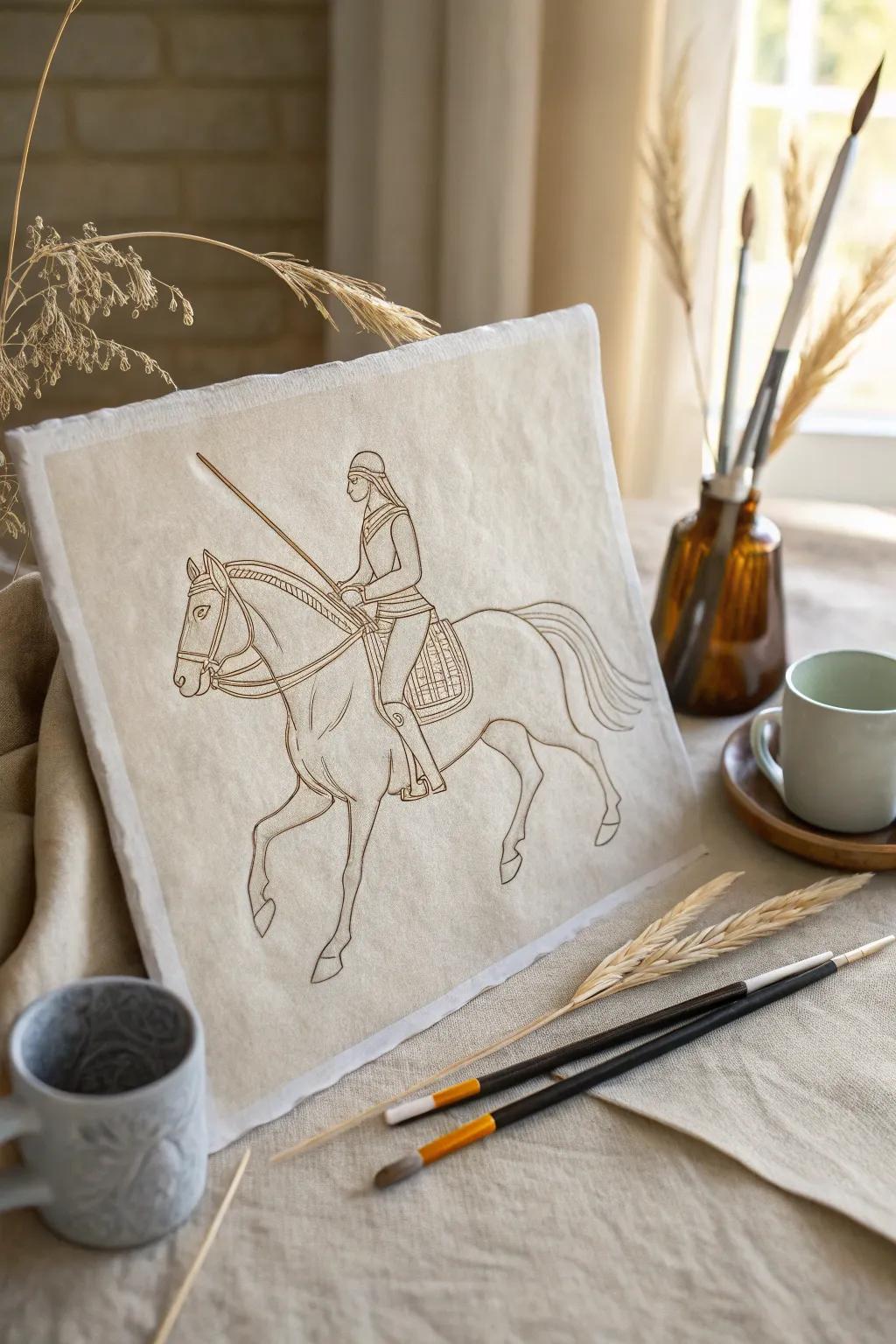 Embrace the simplicity and elegance of medieval artistry with this minimalist horseback rider sketch.