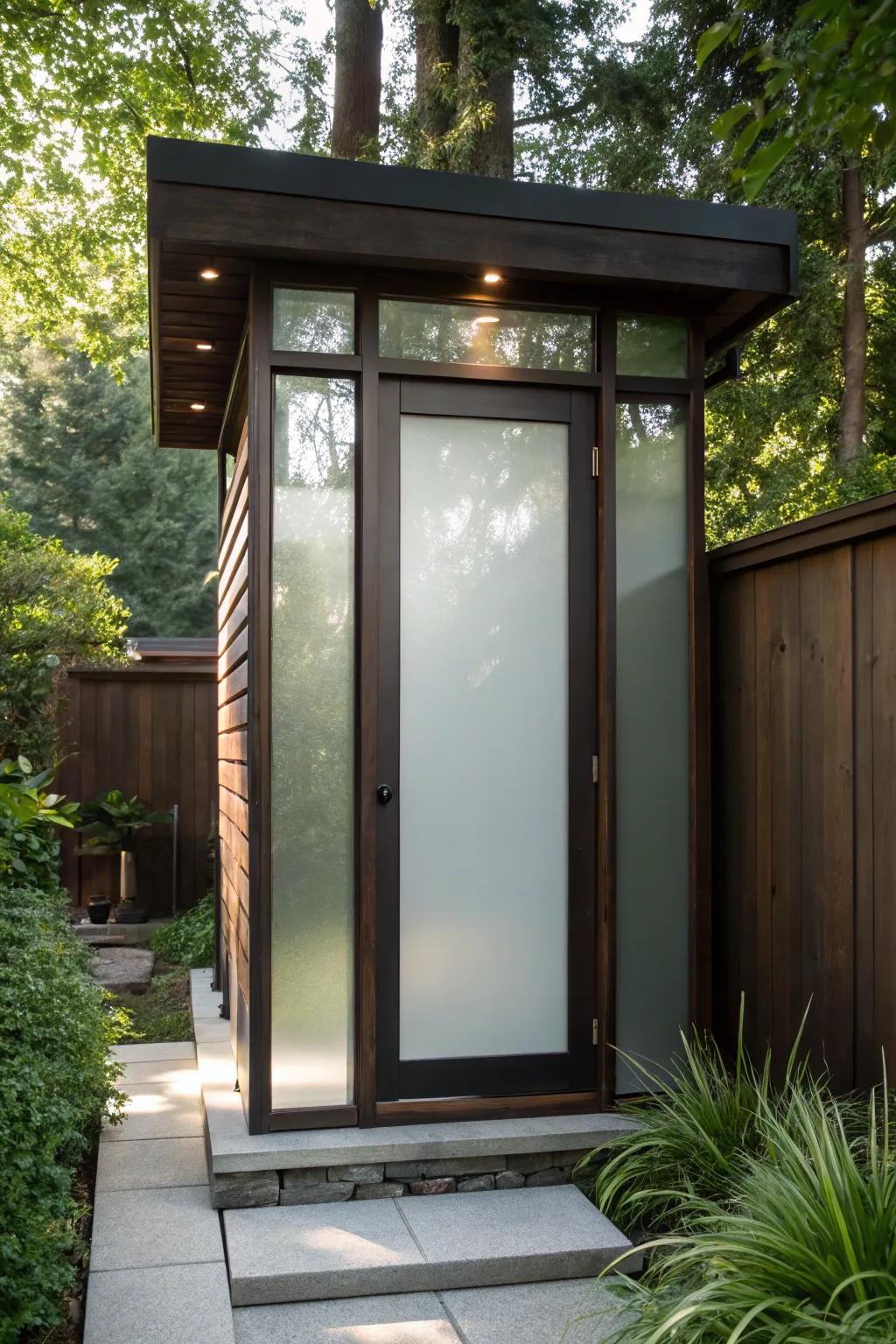 Transform your outdoor space with a modern outhouse that bathes in natural light through stylish frosted glass panels.