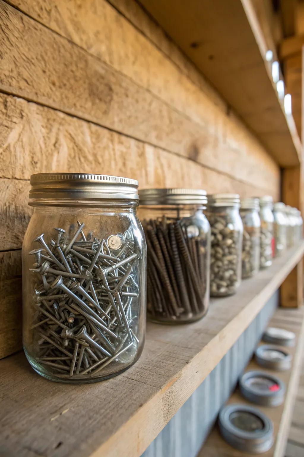 Transform your workshop with stylish and practical mason jar storage solutions.