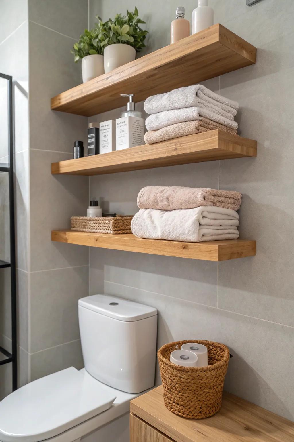 Elevate your bathroom style with sleek plywood shelving—where form meets function.