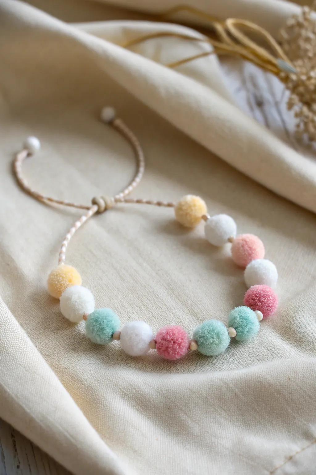 Delight in simplicity and color with charming pom pom bracelets, perfect for little hands and creative minds.
