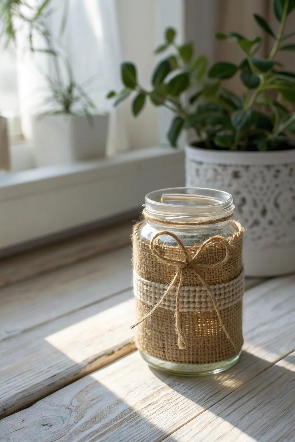 Embrace rustic elegance with a charming burlap-wrapped prayer jar.