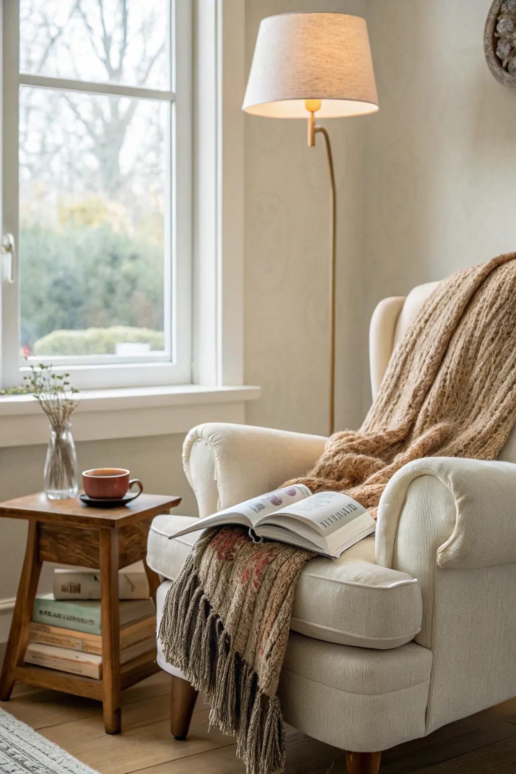 Find your perfect escape in a cozy reading nook that blends minimalist elegance with boho warmth.