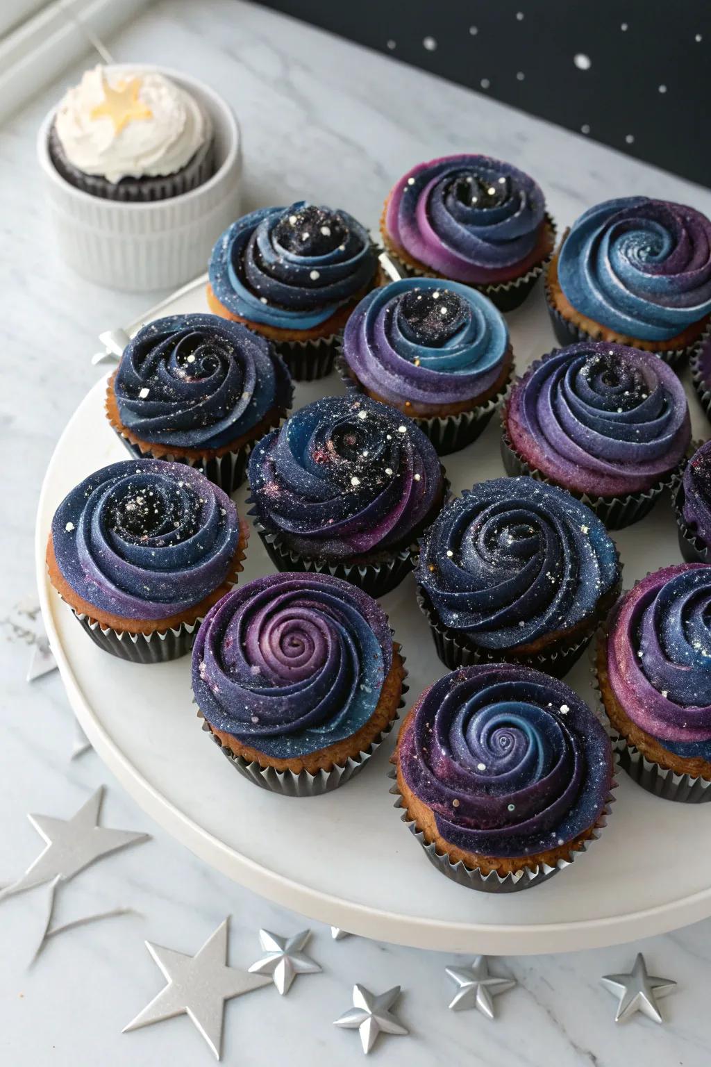 Reach for the stars with this stunning galaxy cupcake cake, where art meets simplicity.