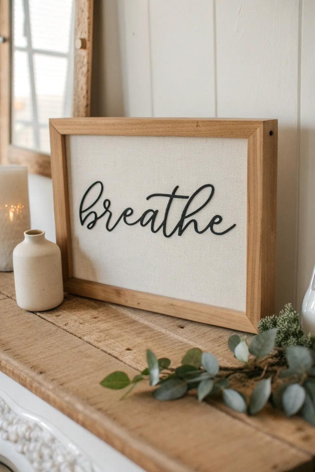 Embrace simplicity with this minimalist reverse canvas sign - a gentle reminder to 'Breathe'.