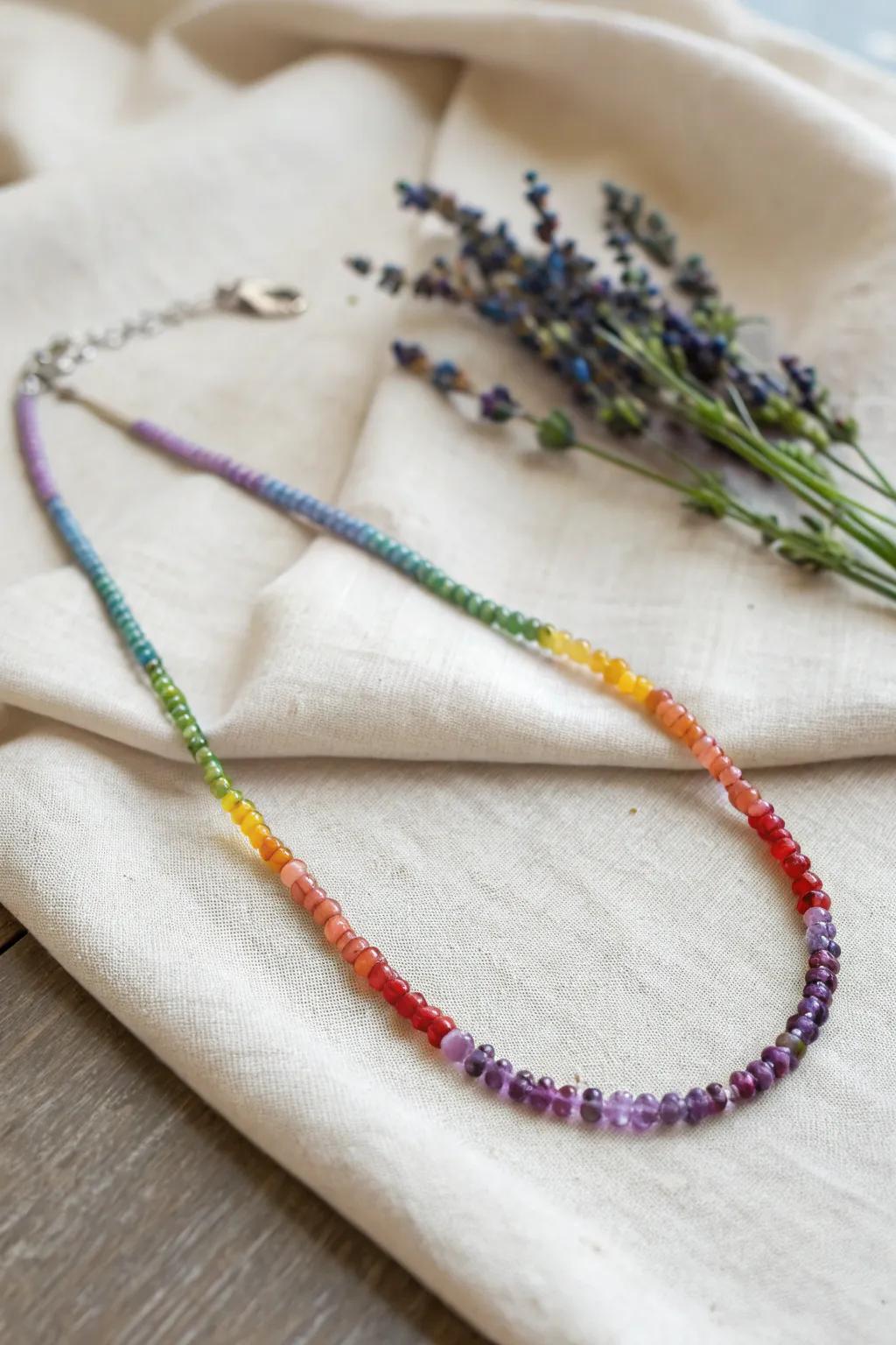 Elevate your style with a splash of color—this rainbow seed bead necklace is a handcrafted masterpiece that brightens every day.