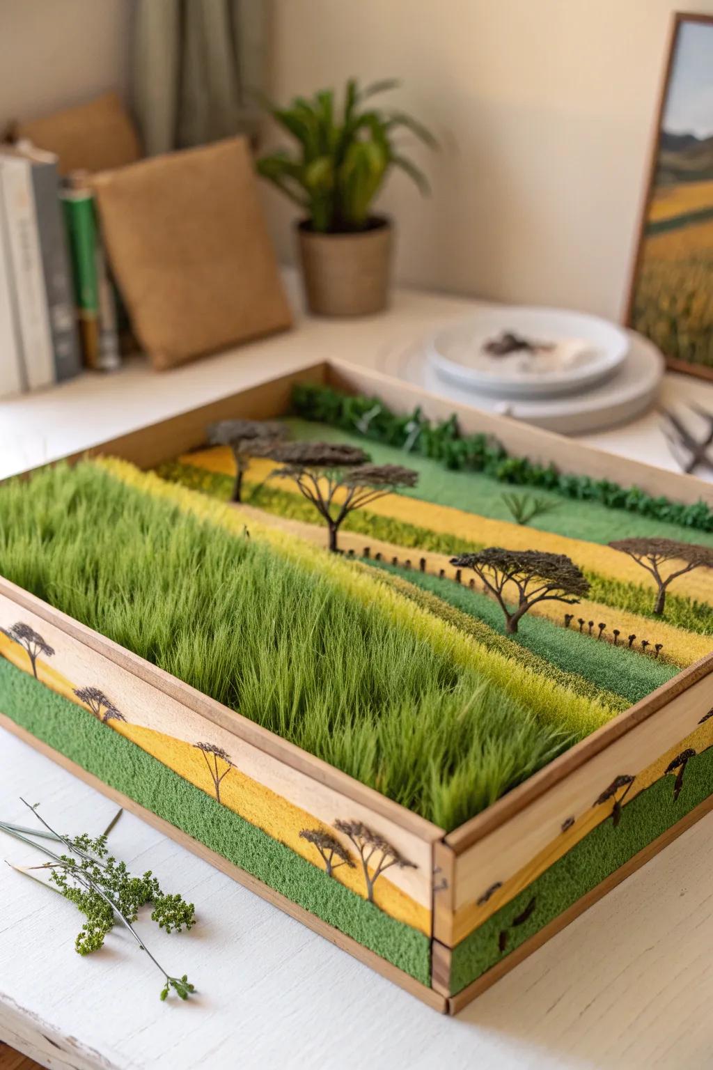Discover the art of simplicity with this serene savanna diorama, where craftsmanship and natural beauty come alive.