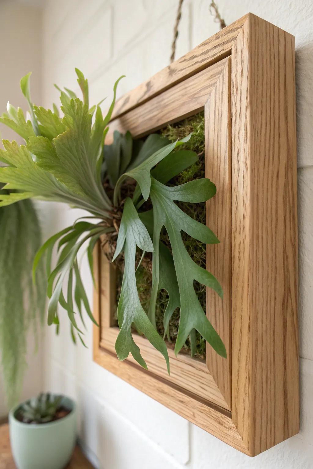 Transform your space with a touch of nature: a stunning staghorn fern mounted on a minimalist frame.