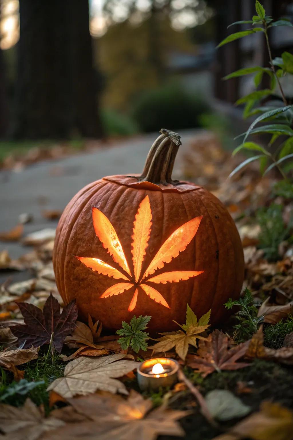 Elevate your Halloween with a cheeky weed-o’-lantern, featuring pot leaf eyes that bring a playful twist to traditional pumpkin carving.
