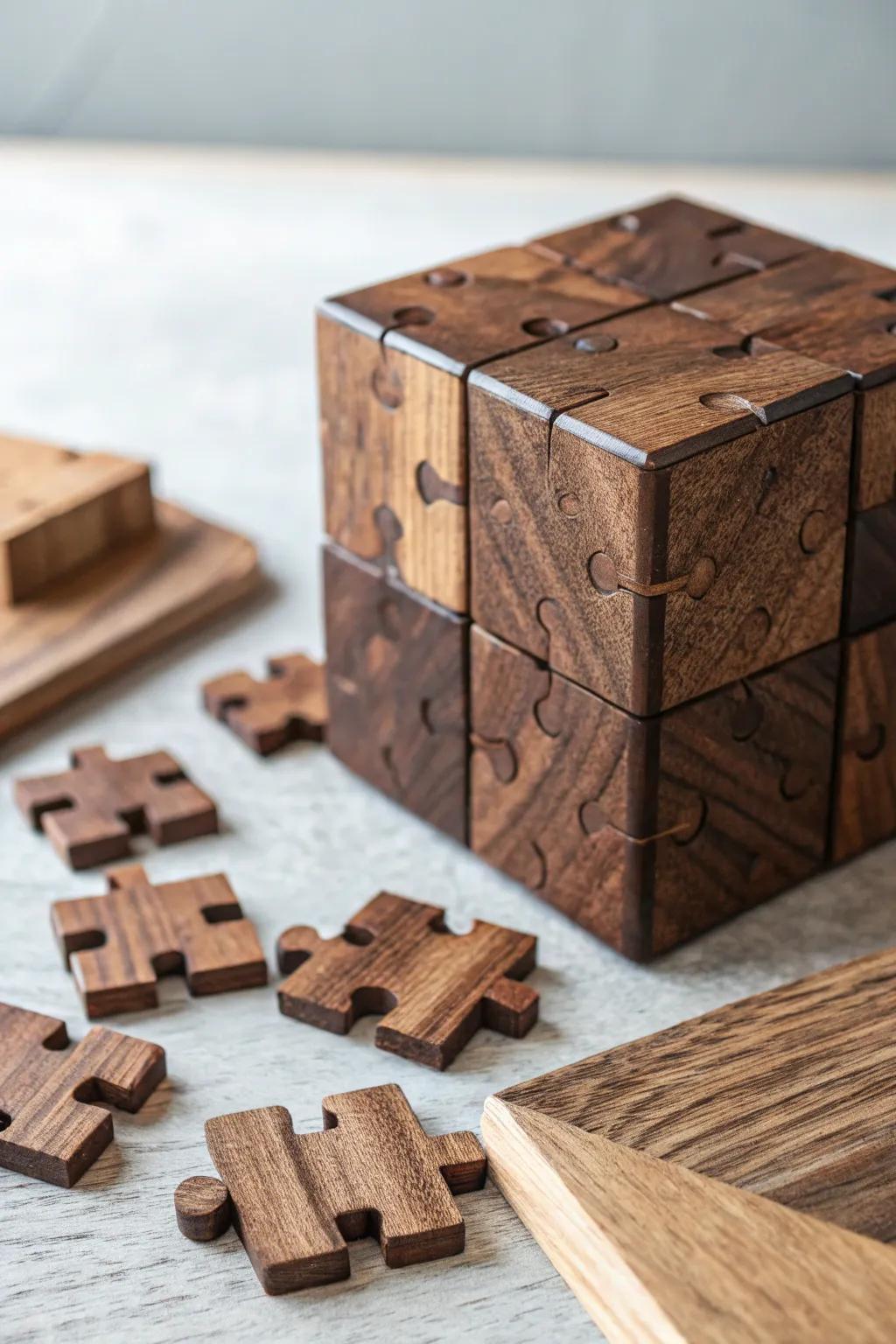 Unlock the mystery of elegance with this stunning walnut wood interlocking puzzle cube.