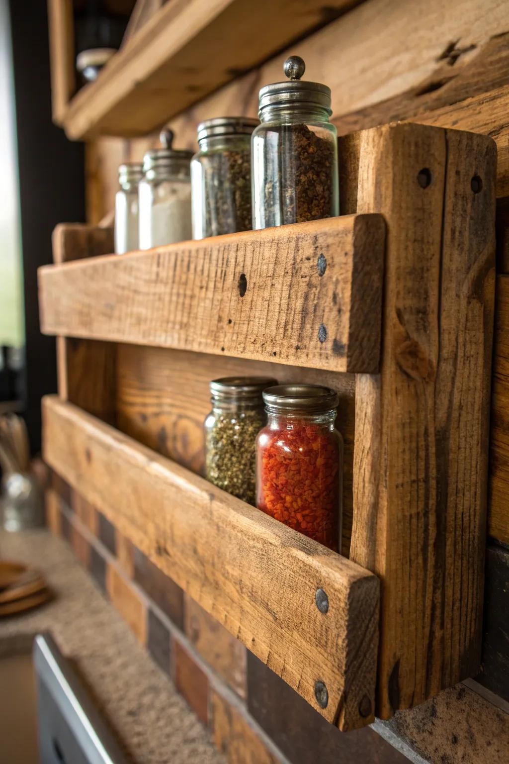 Discover rustic charm with this reclaimed wood spice rack, where every knot and grain tells a unique story.