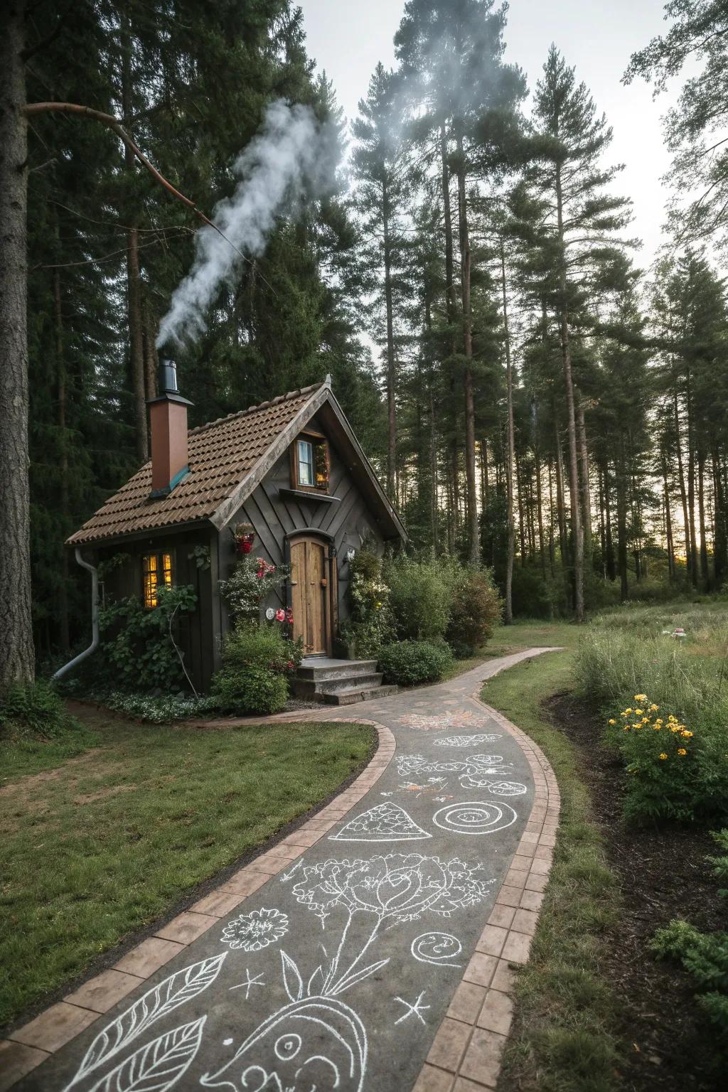 Escape to a charming forest retreat with this delightful cottage chalk drawing, where simplicity meets natural elegance.