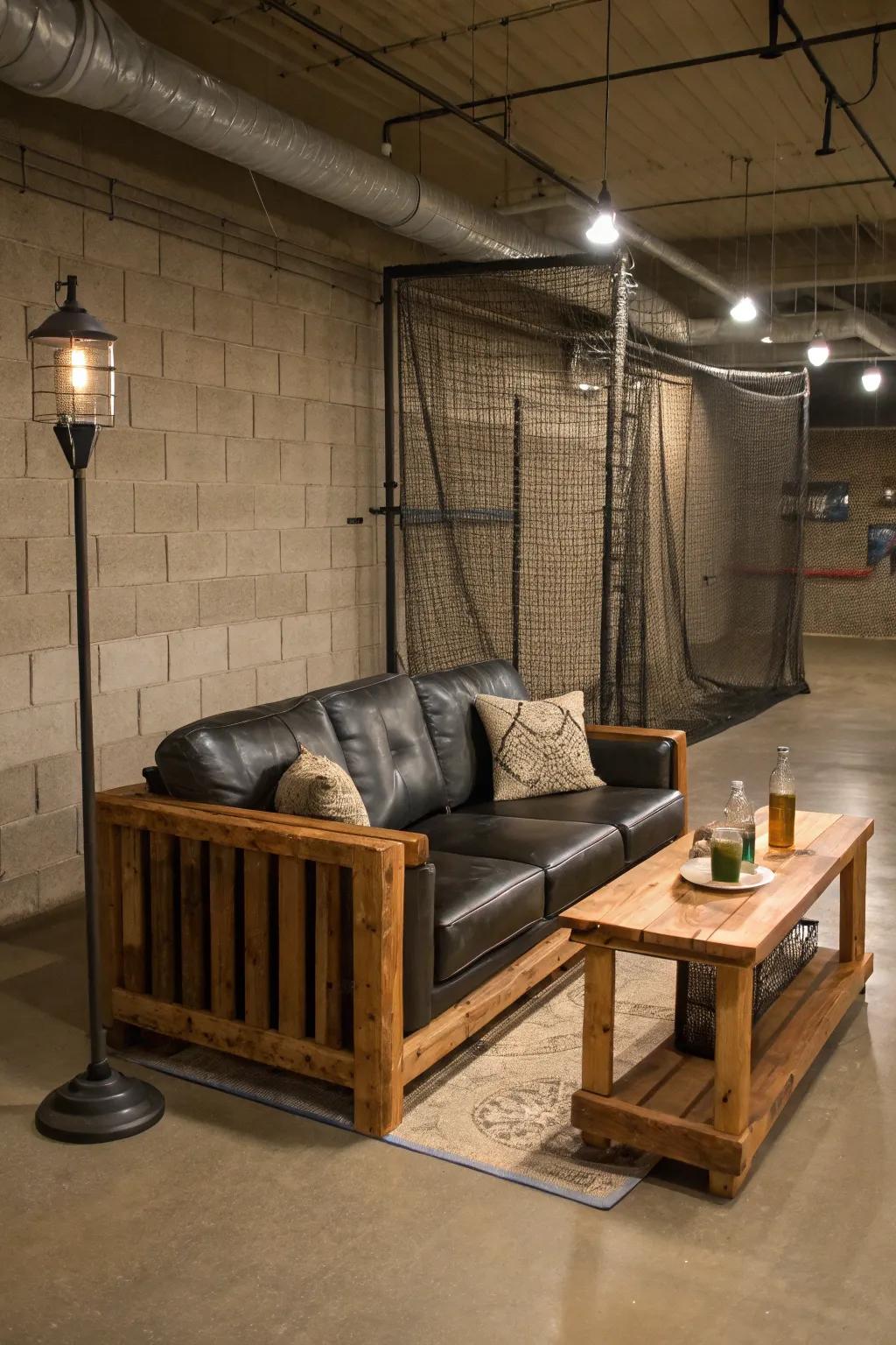 Relax in style between innings with this rustic sofa setup, perfect for unwinding after a game.