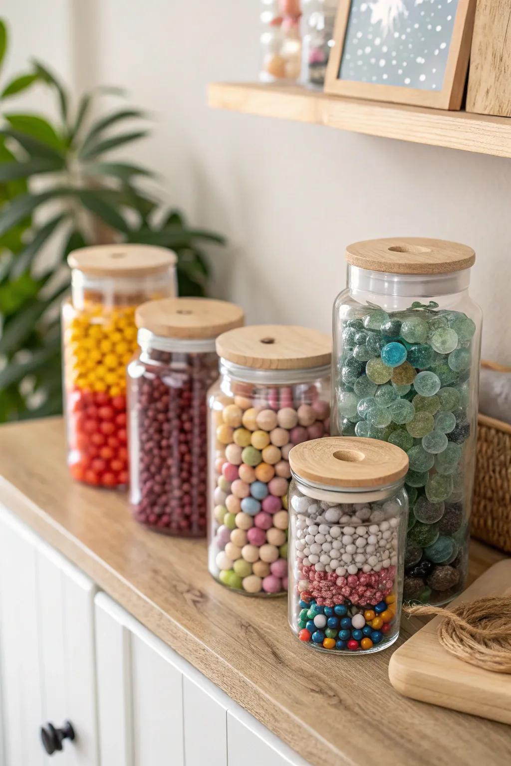 Transform your craft space with charming recycled jars—an eco-friendly and stylish bead storage solution!
