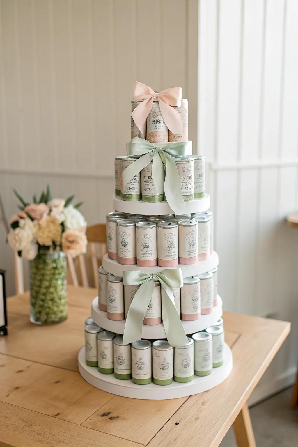 Elevate your beer cake tower with charming ribbons and bows for a touch of elegance and simplicity.
