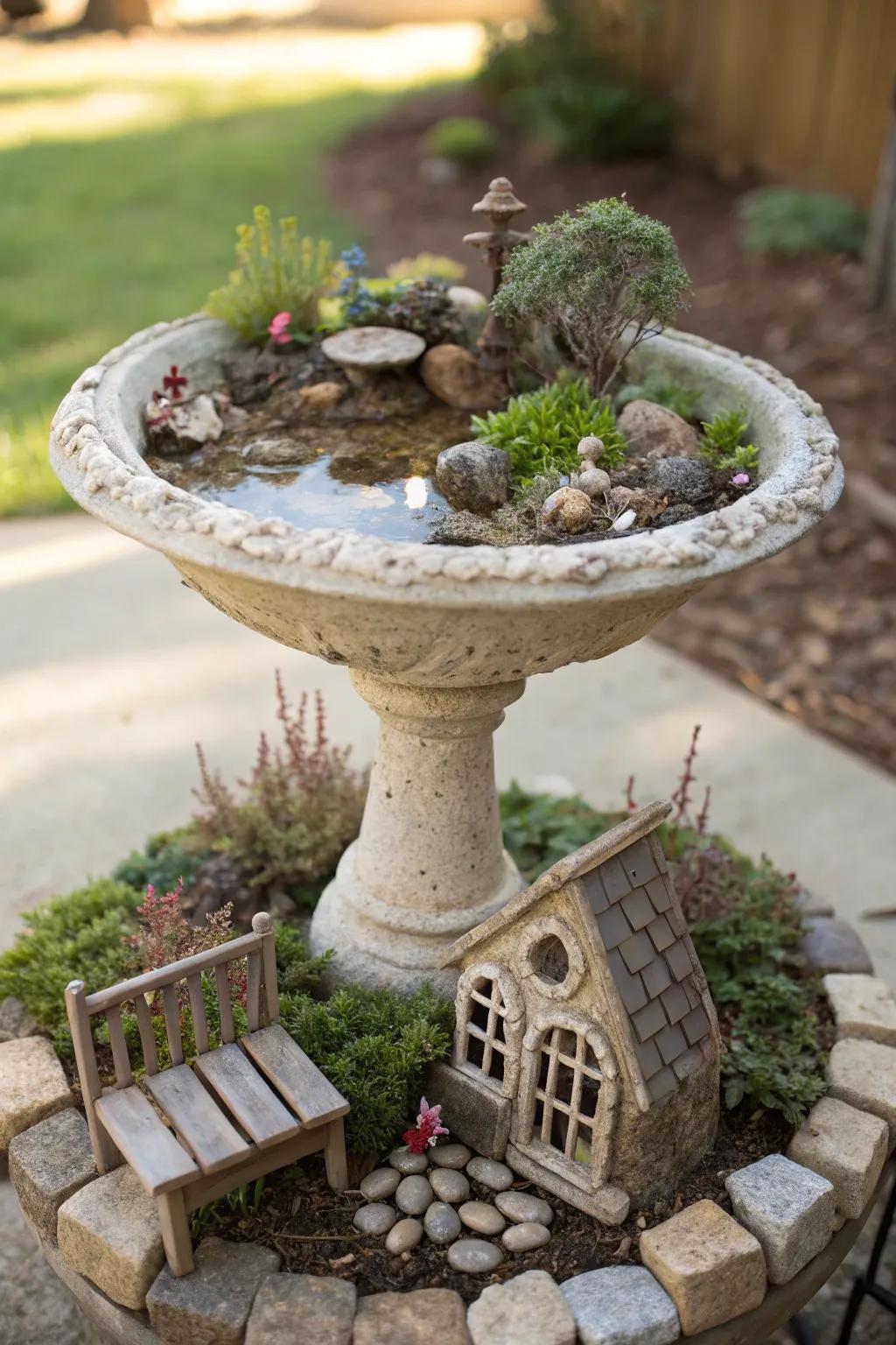 Whimsy in your garden: A miniature fairy world in a bird bath!