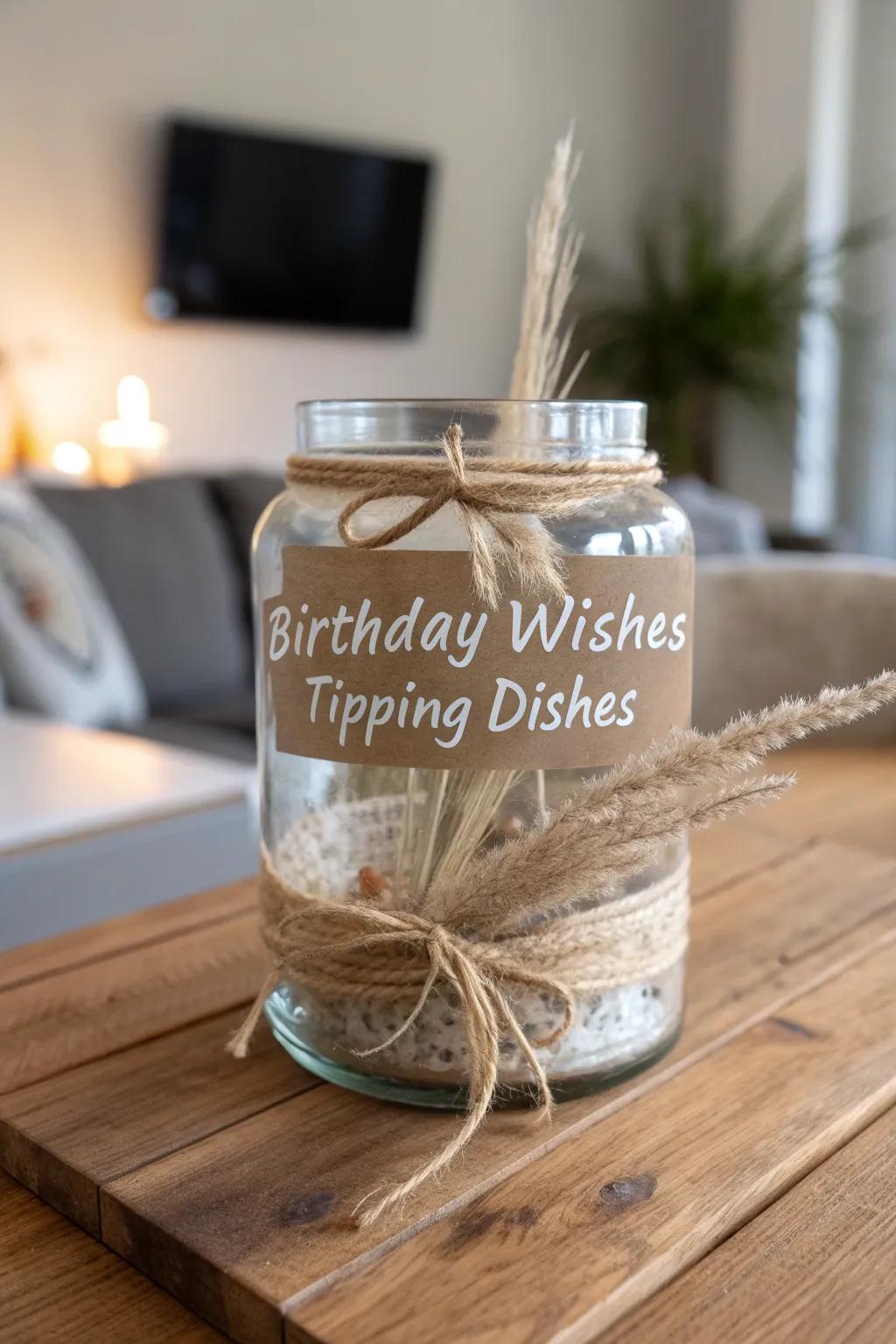Add a touch of humor and charm to your party with a 'Birthday Wishes, Tipping Dishes' jar!