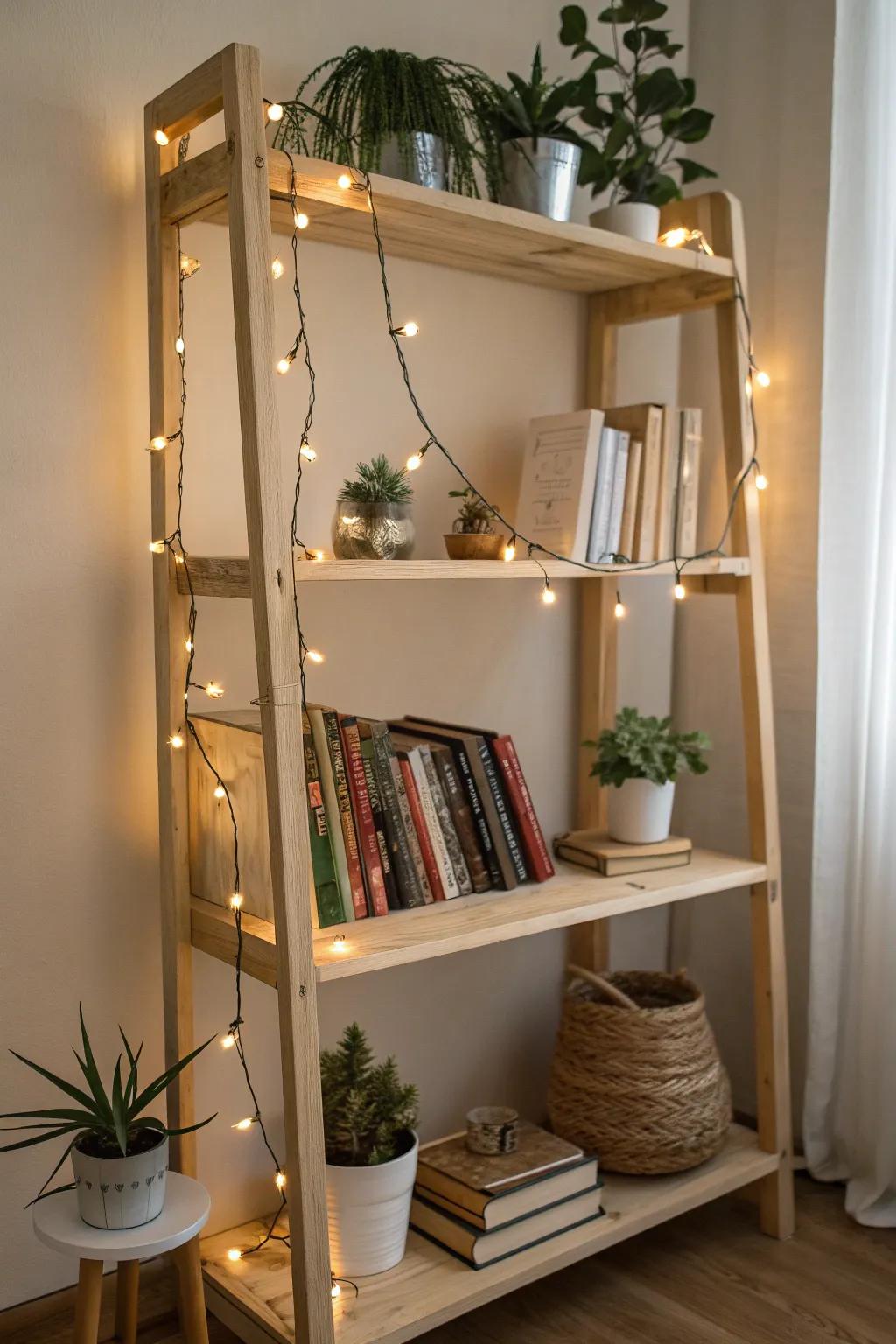 Transform your bookshelf with a touch of cozy magic ✨ Add string lights for an inviting and warm atmosphere.