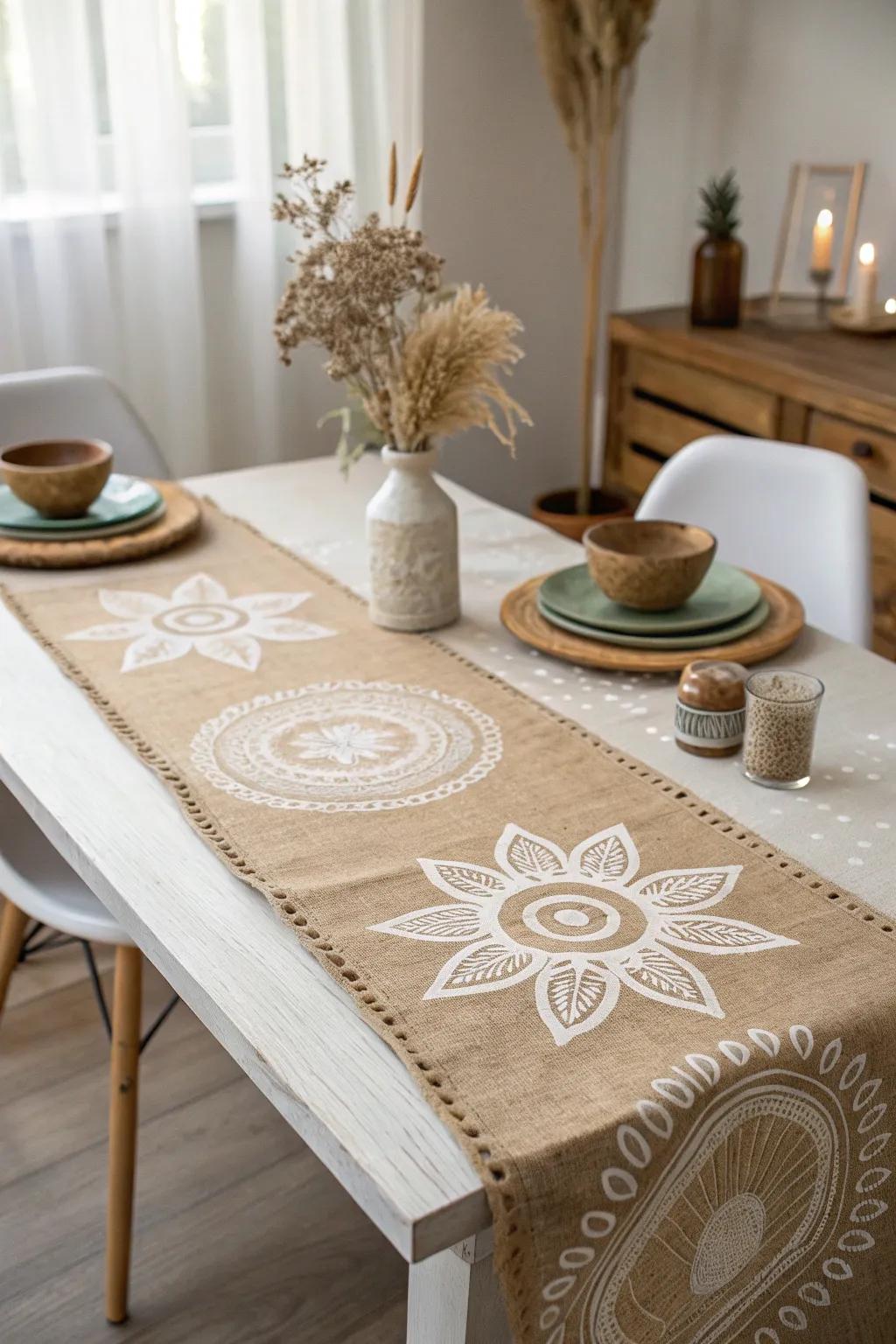 Elevate your dining experience with a handcrafted burlap table runner, a perfect blend of minimalist elegance and Boho charm.