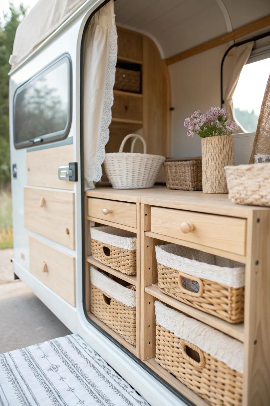 Discover the art of organized elegance with these handcrafted storage solutions for your camper bunkhouse.