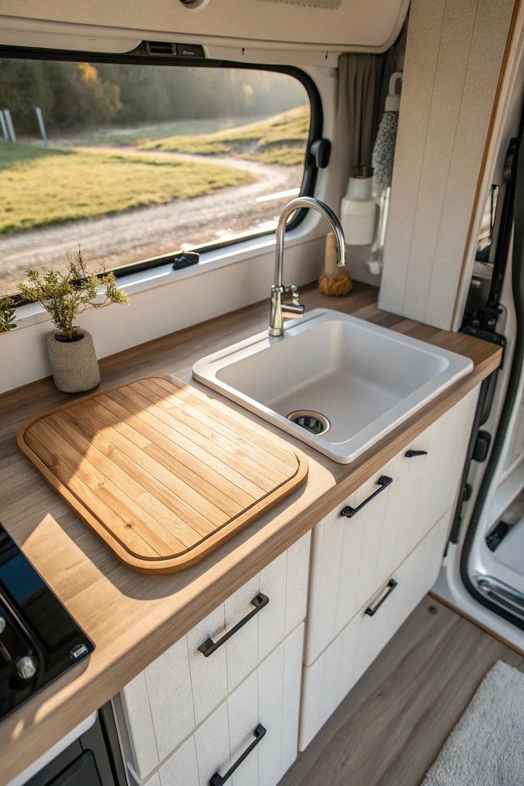 Maximize your campervan space with a stylish sliding sink cover - where functionality meets minimalist elegance!