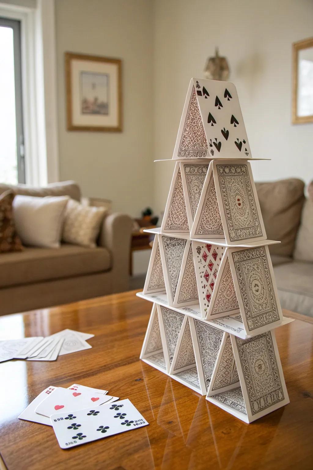 Explore the art of balance with this stunning double-deck card tower, where simplicity meets intricate design.