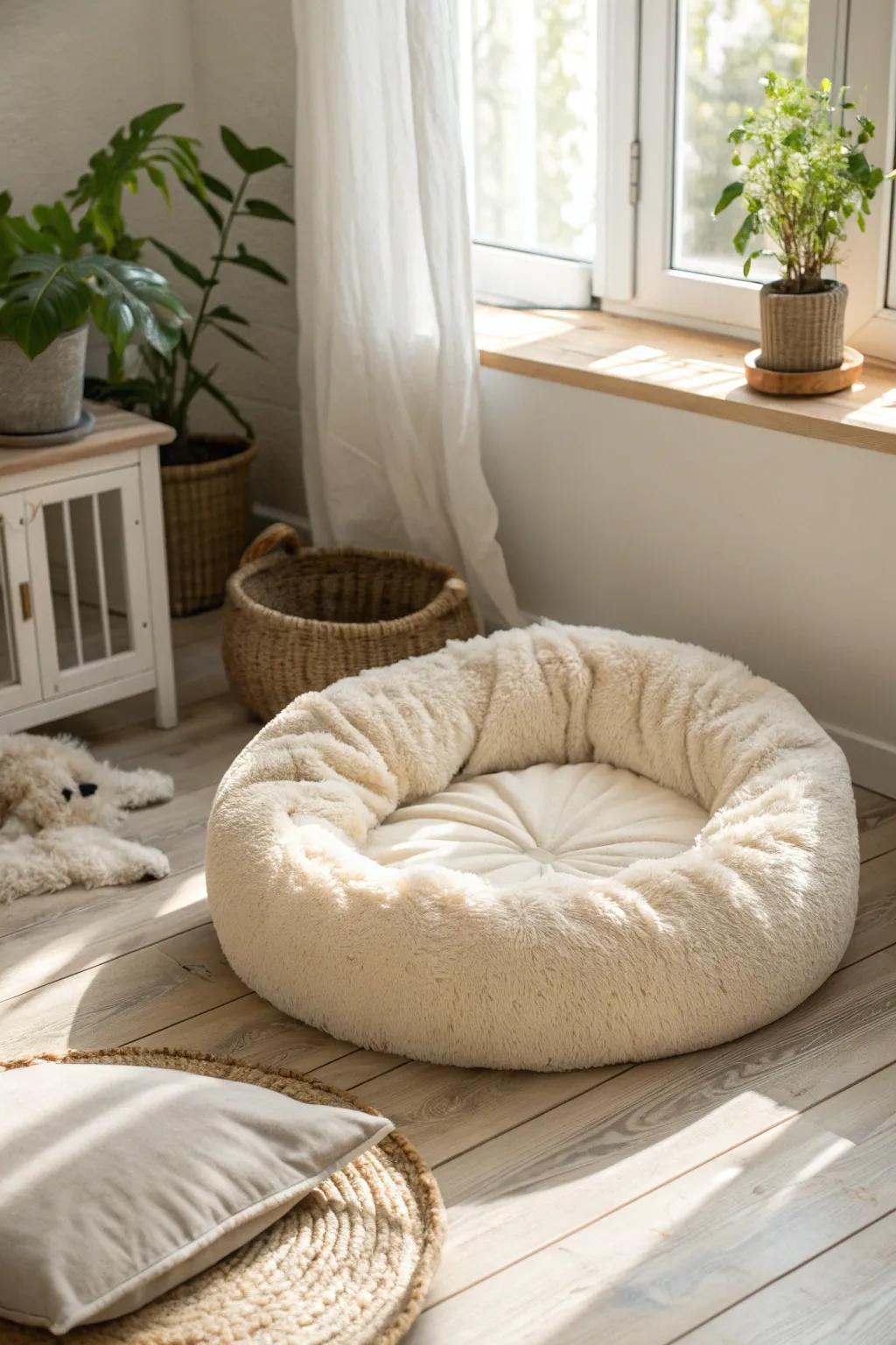 The ultimate cozy retreat for your feline friend: a soft circular cushion cat bed that blends Scandinavian minimalism with Boho warmth.