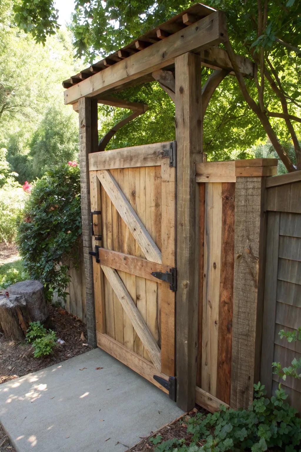 Transform your coop with rustic charm: a chicken gate crafted from reclaimed wood.