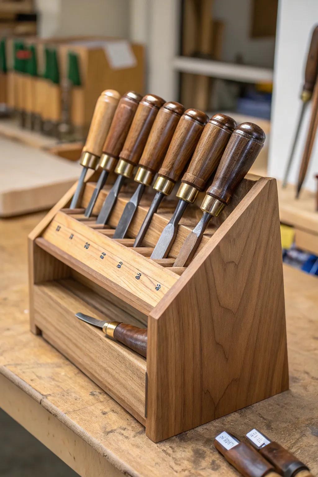 Maximize your workshop space with this beautifully crafted compact chisel rack. A perfect blend of form and function.