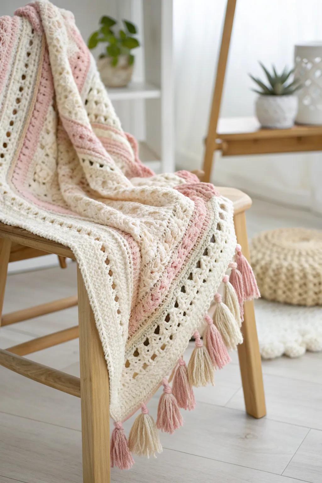 Add a touch of boho charm to your baby's blanket with a delightful tassel trim.