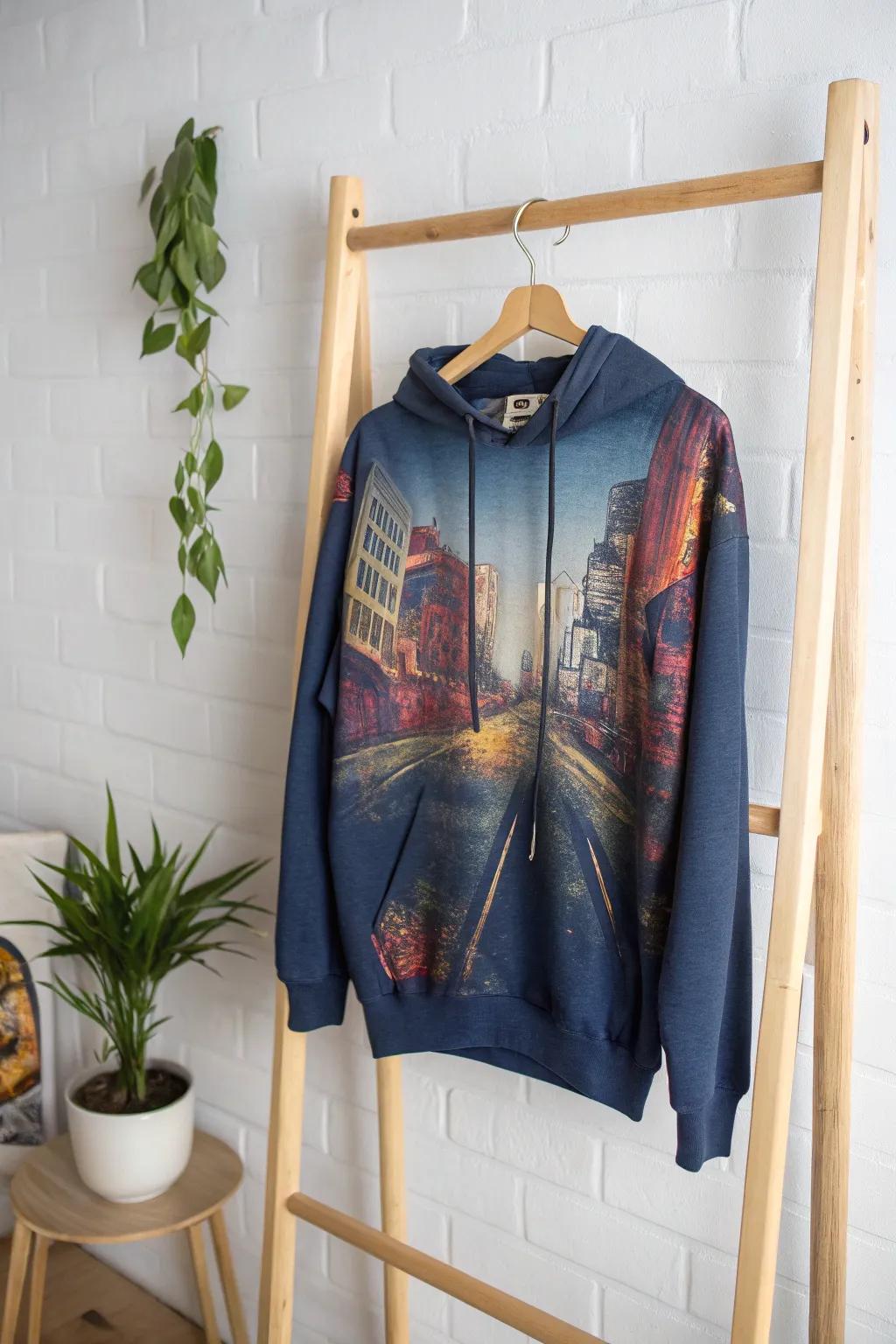 Embrace the city vibe with this custom graffiti-print hoodie, where street art meets Scandinavian simplicity.