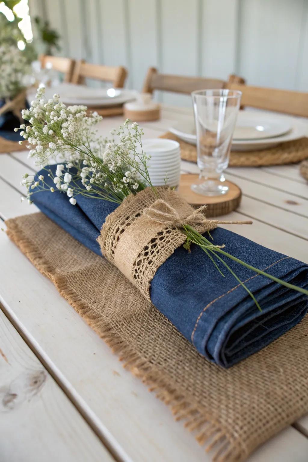 Embrace rustic elegance with this denim and burlap centerpiece, perfect for a cozy farmhouse vibe.