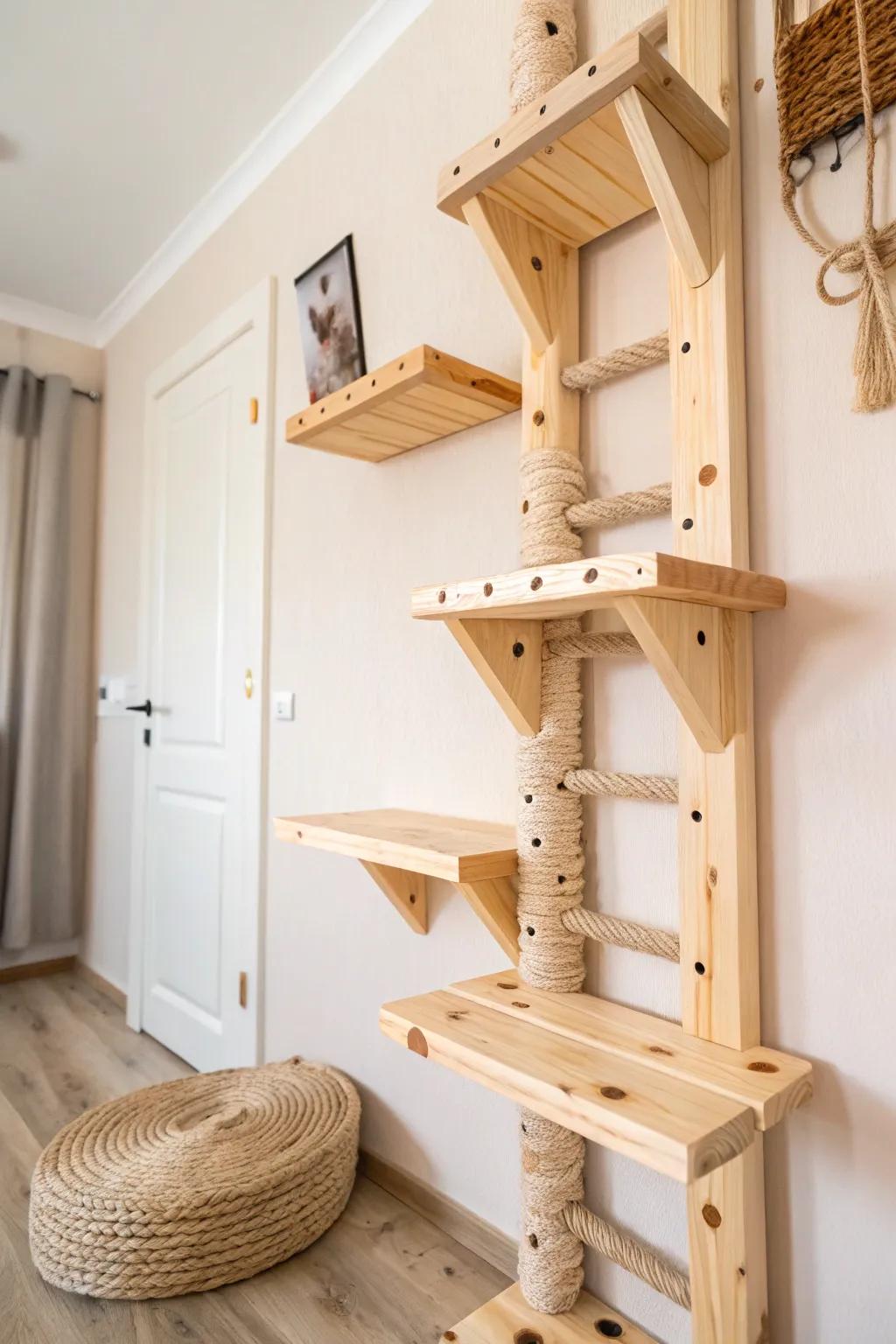 Chic and Cozy: Elevate your space with a natural wood cat climbing wall that blends style with feline fun.
