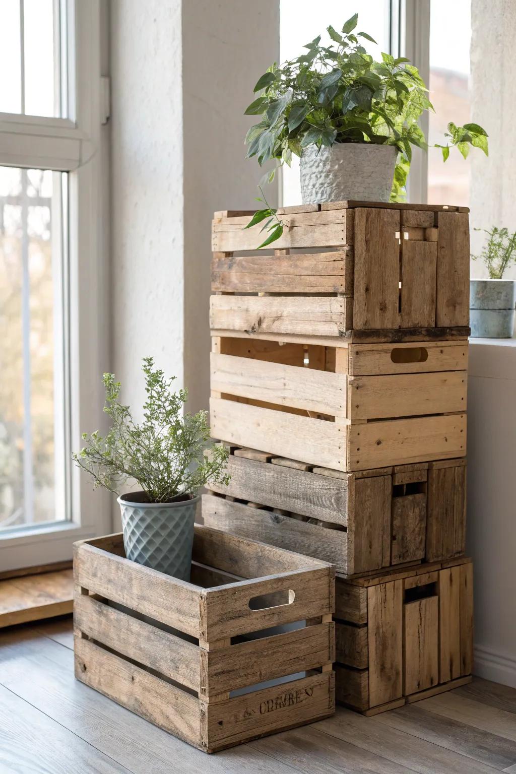 Transform your space with modular crate storage that blends rustic charm with minimalist elegance.