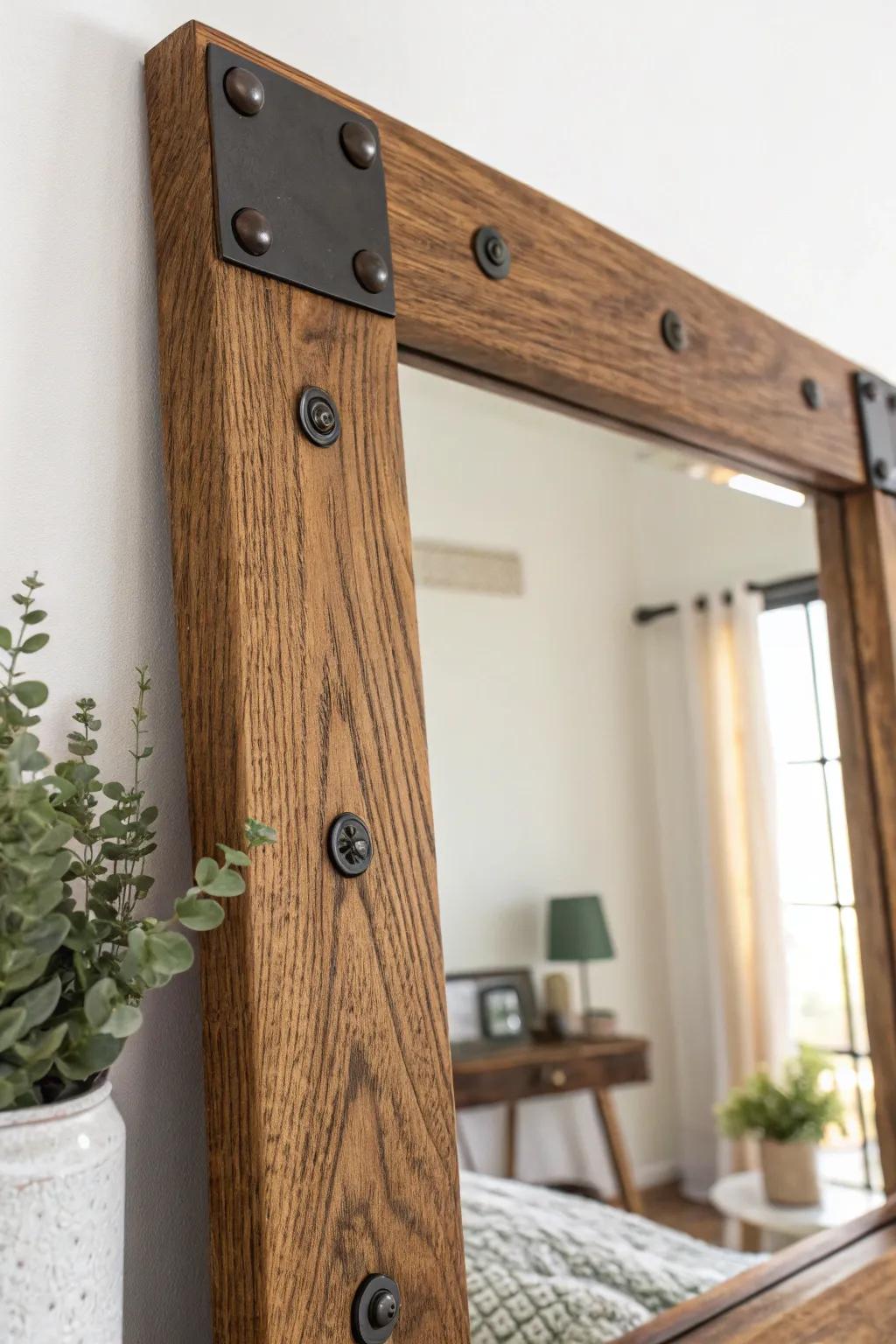 Elevate your space with this DIY wood mirror frame featuring chic metal accents for an industrial edge.
