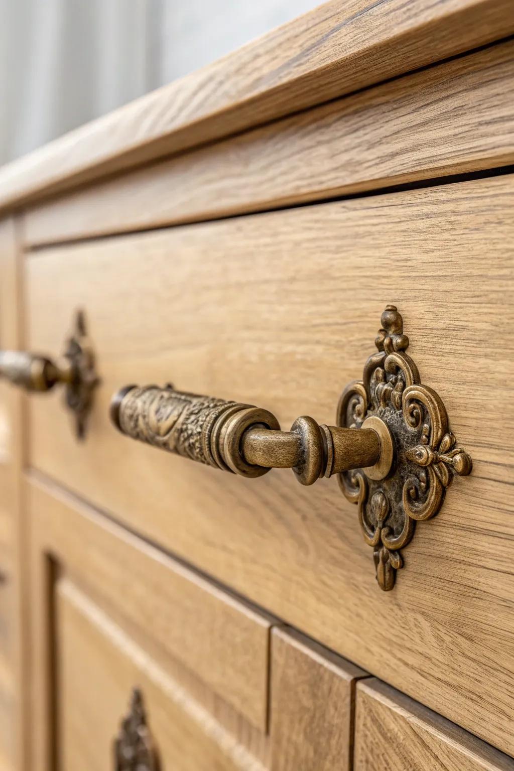 Elevate your dresser with the timeless charm of antique brass handles.