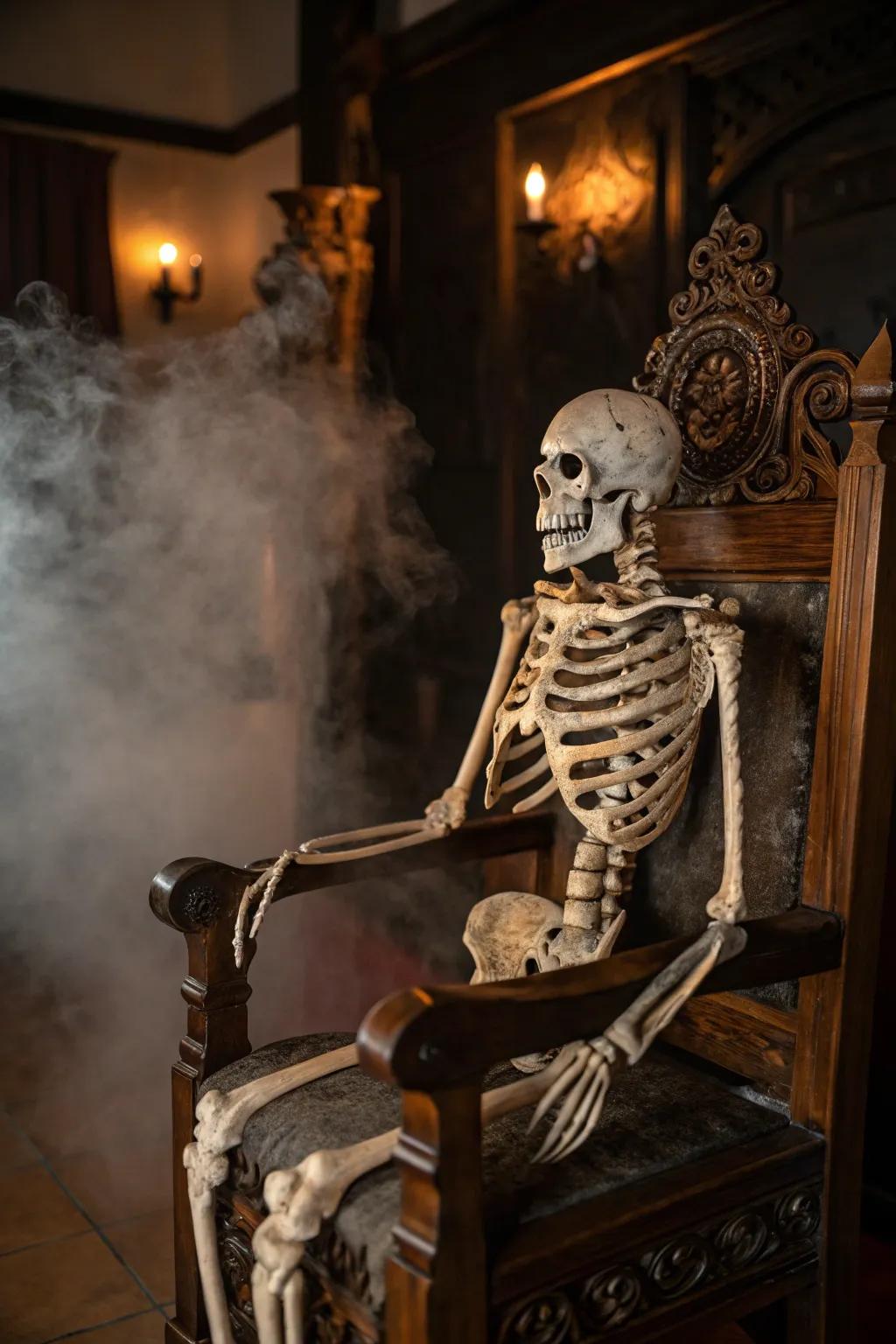 Unleash the haunting allure of craftsmanship with a spine-chilling skeleton display shrouded in an ethereal fog.