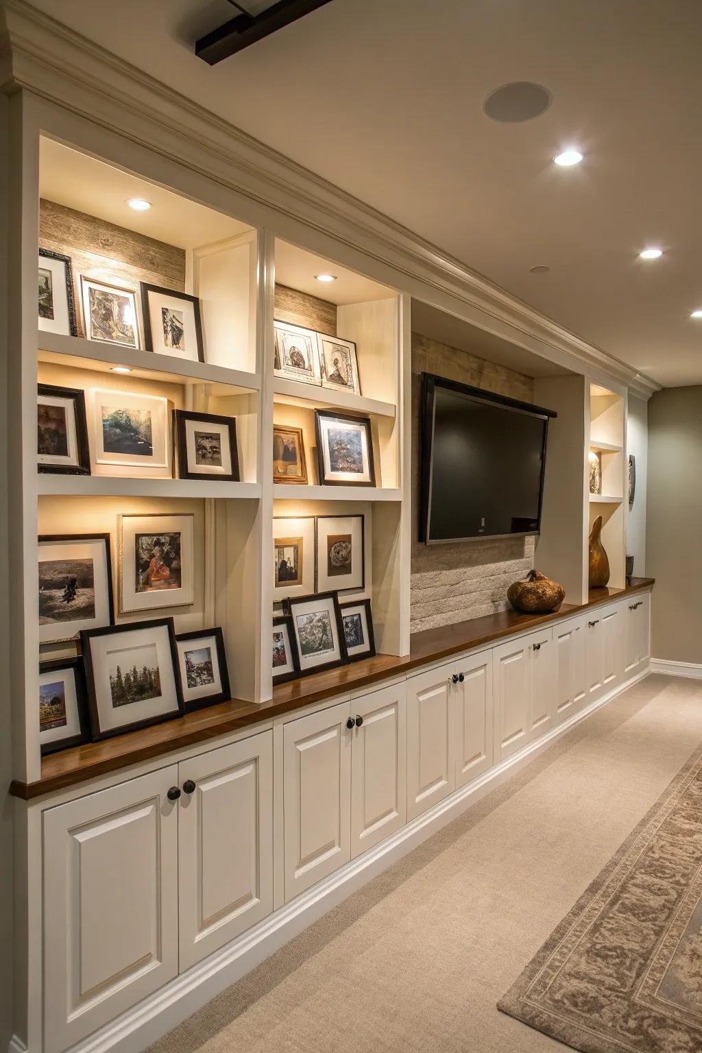 Elevate your entertainment space with a personalized gallery wall that showcases your unique style.