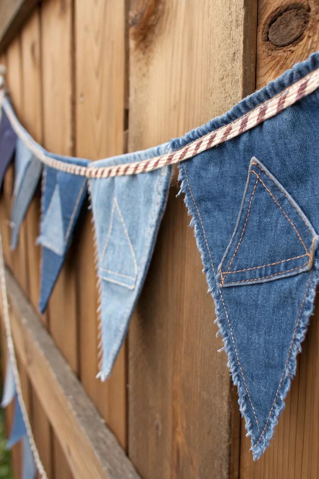 Transform your old jeans into a stylish denim bunting for a rustic touch.