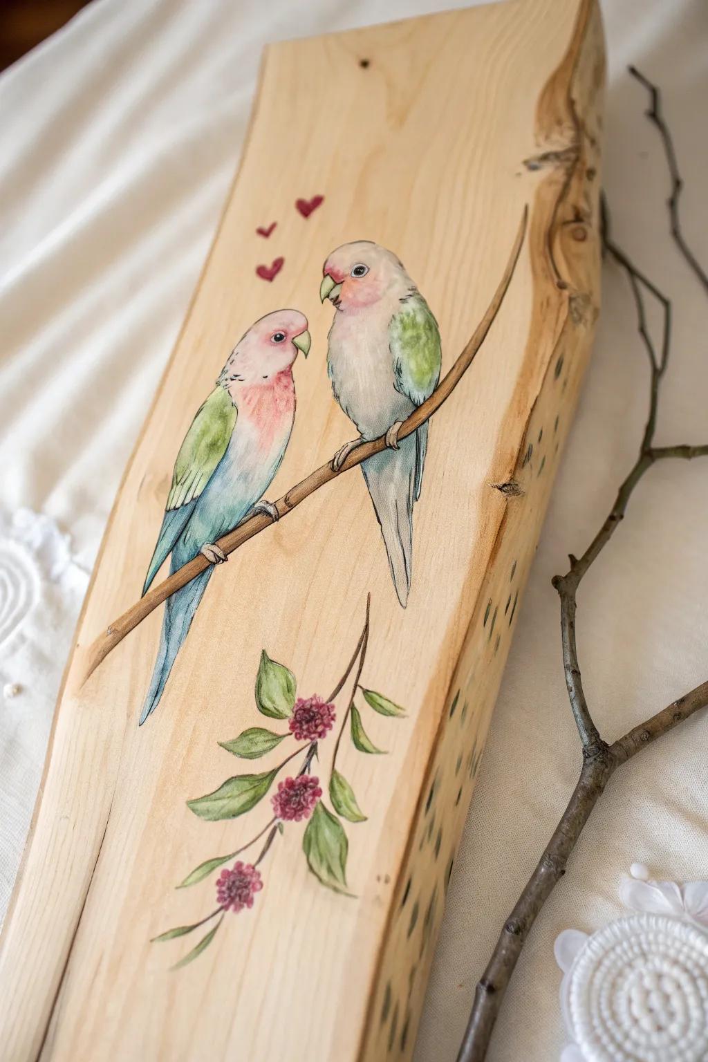 Crafted with love: A charming lovebirds painting that brings warmth and beauty to any space.
