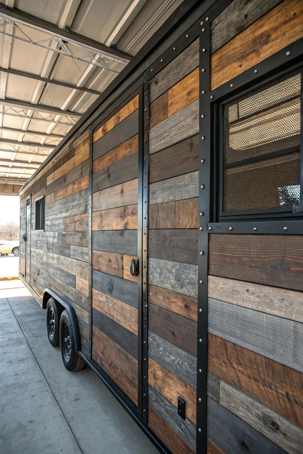 Discover the allure of textured walls with reclaimed wood, turning your trailer into a masterpiece of craftsmanship.